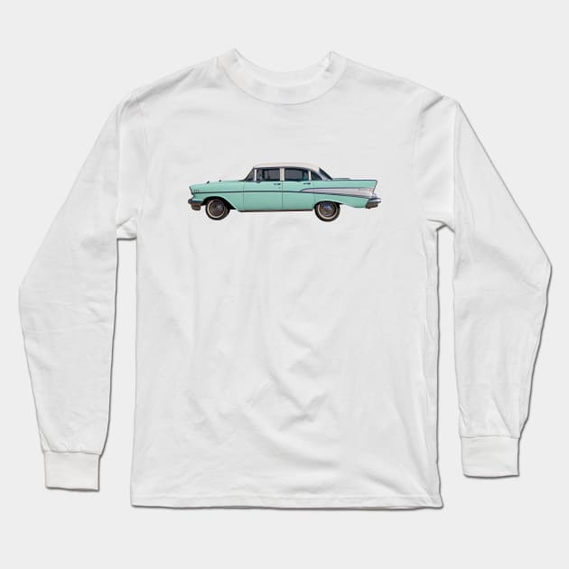 1957 Chevrolet Bel Air, vintage car color photo in "cascade green", turquoise Long Sleeve T-Shirt by retrografika